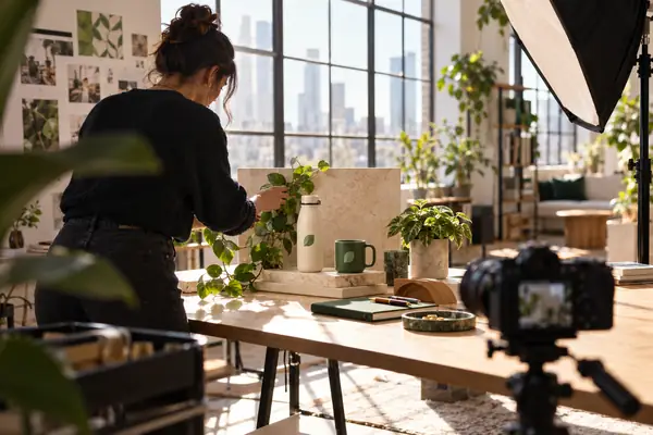 Creator preparing a product photo shoot in a studio.