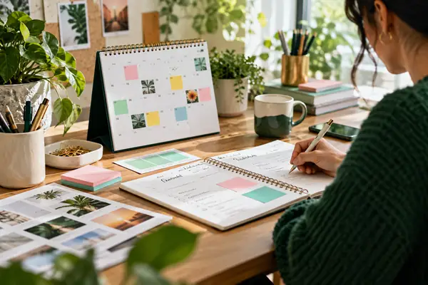 Colorful desk calendar and social media planning notes.