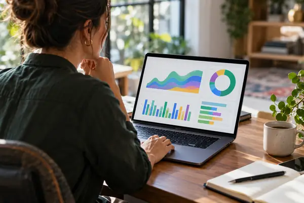 Professional reviewing social media reports on a laptop.