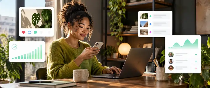 A social media professional works at a laptop while viewing her phone, with publishing, engagement and analytics cards around the scene.