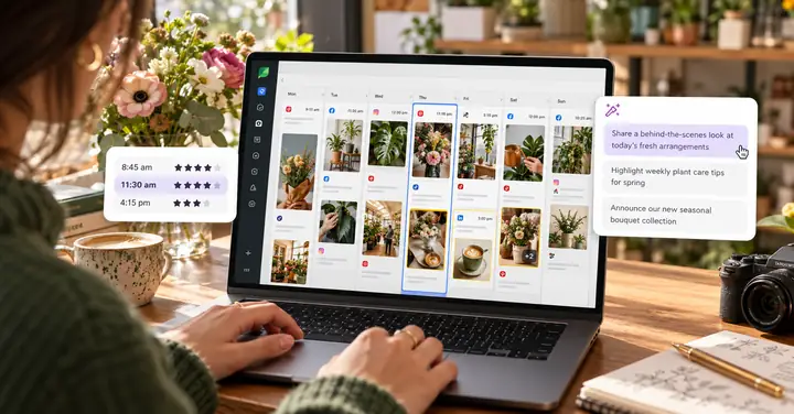 Illustrative social publishing calendar with draft and scheduled posts.